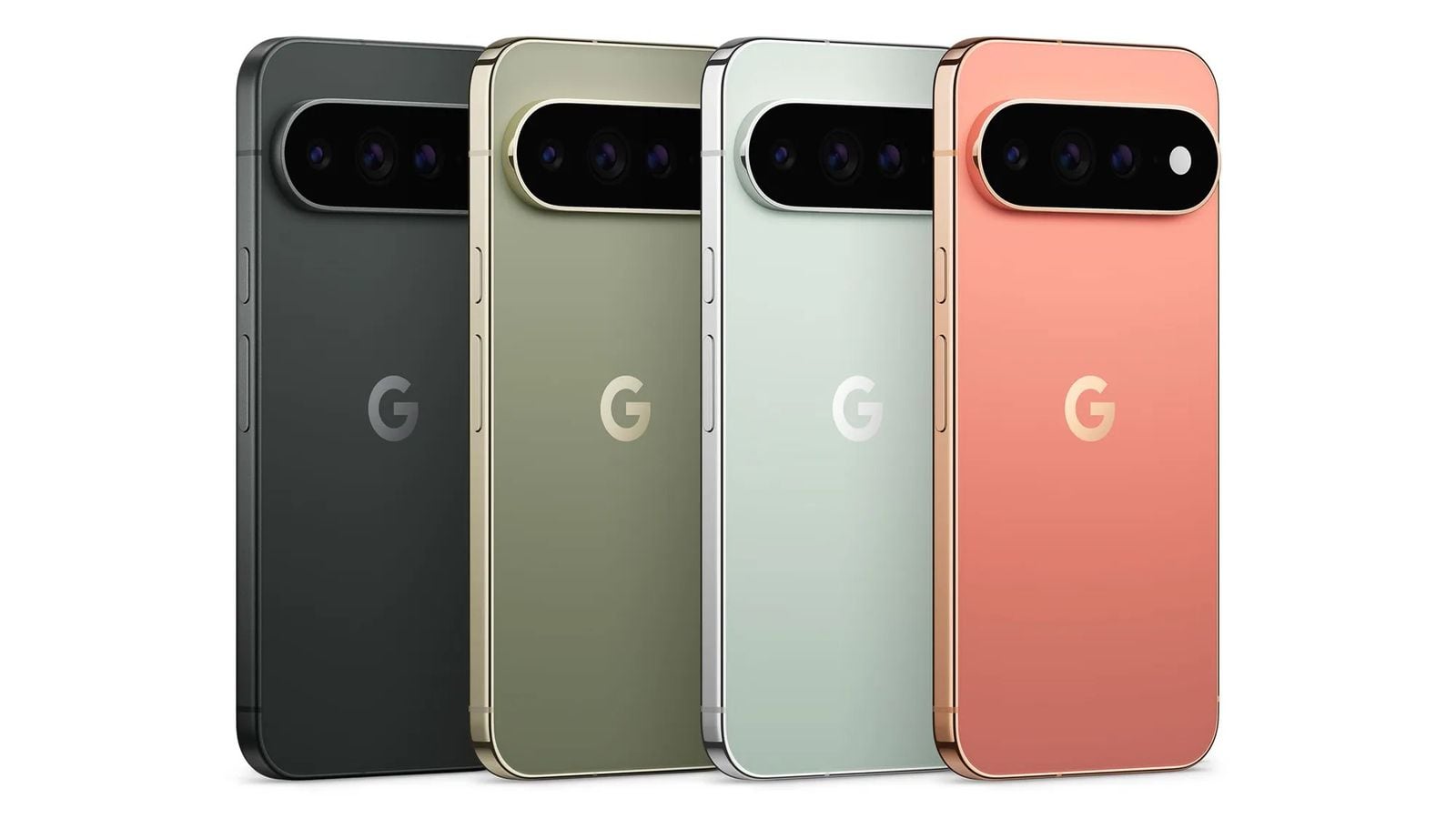 Štyri telefóny Google Pixel 9 v rade v čiernej, olivovej, mätovej a koralovej farbe, pohľad zozadu