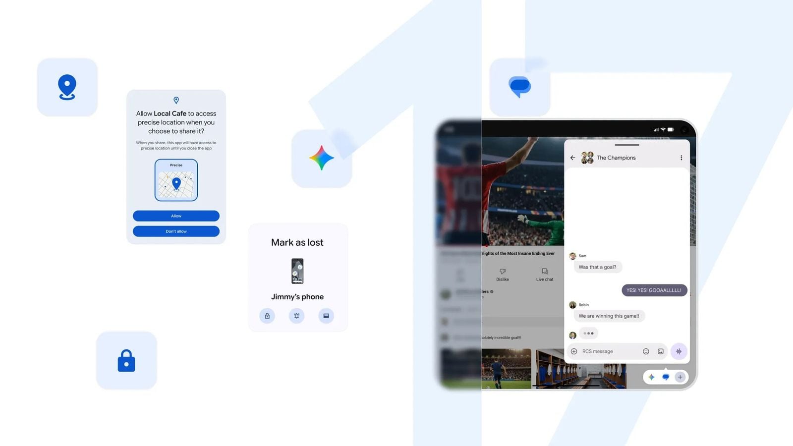 Koláž Android rozhraní: dialóg polohy, ikona Gemini, Find My Device a RCS správy na telefóne