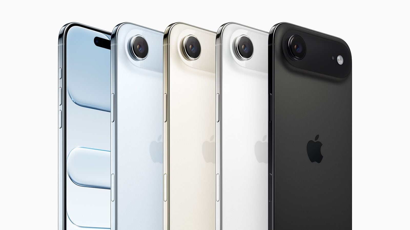 iPhone Air is shown from the back in space black, cloud white, light gold, and sky blue.