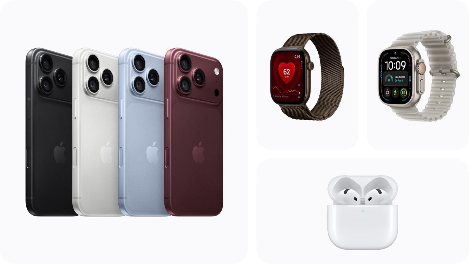 iPhone 18 Pro v čiernej, striebornej, ľadovo modrej a bordovej, tri Apple Watch Series 12 a AirPods 5