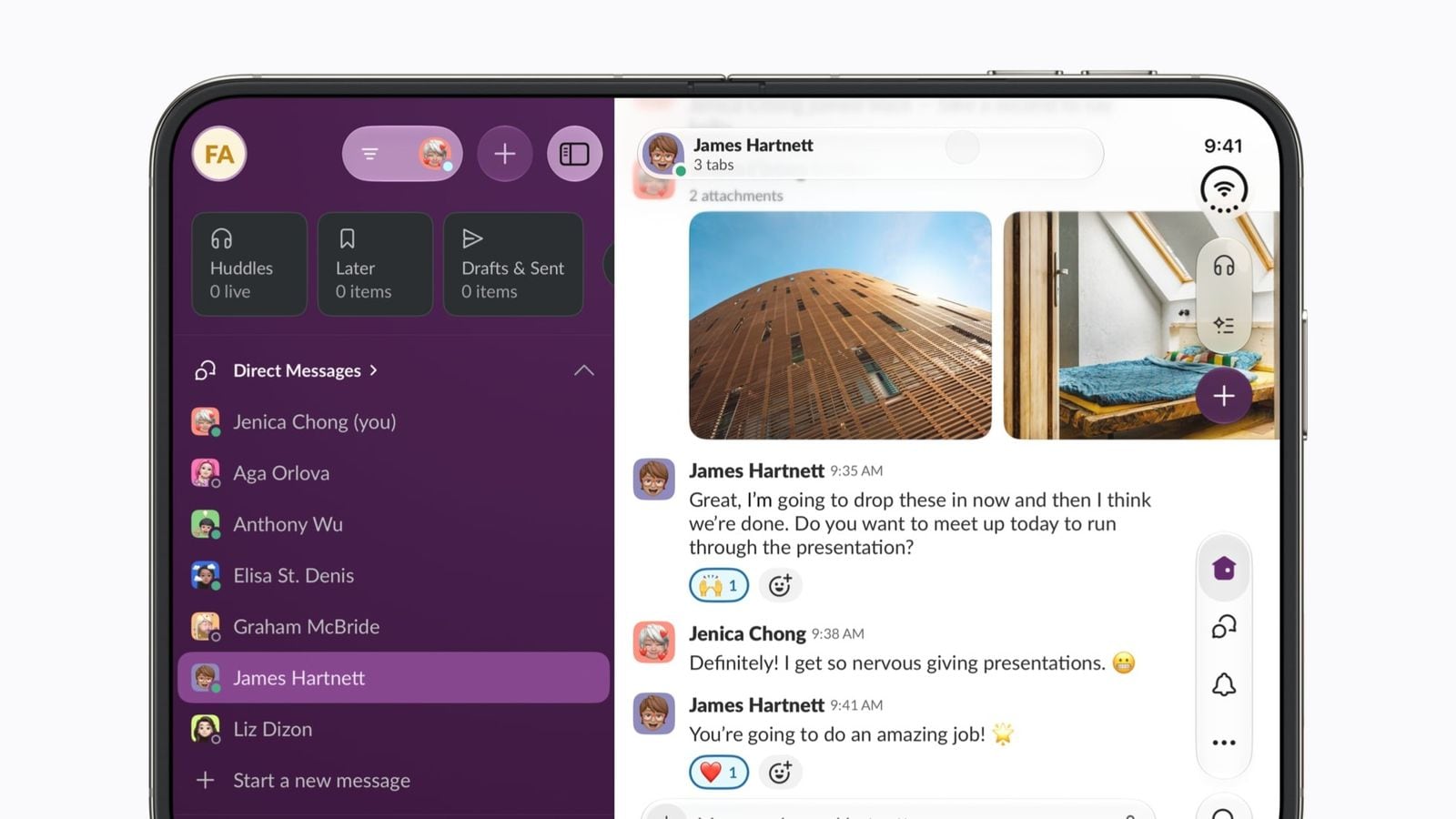 Rozhranie aplikácie Slack na iPhone Duo