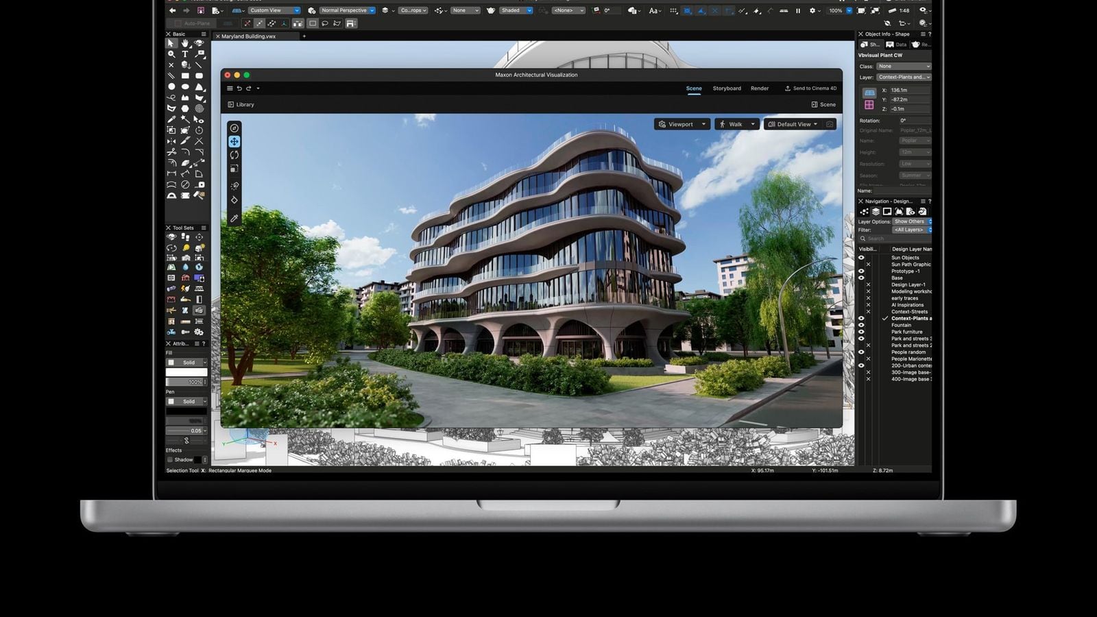 MacBook Pro zobrazuje vizualizáciu budovy vo Vectorworks.