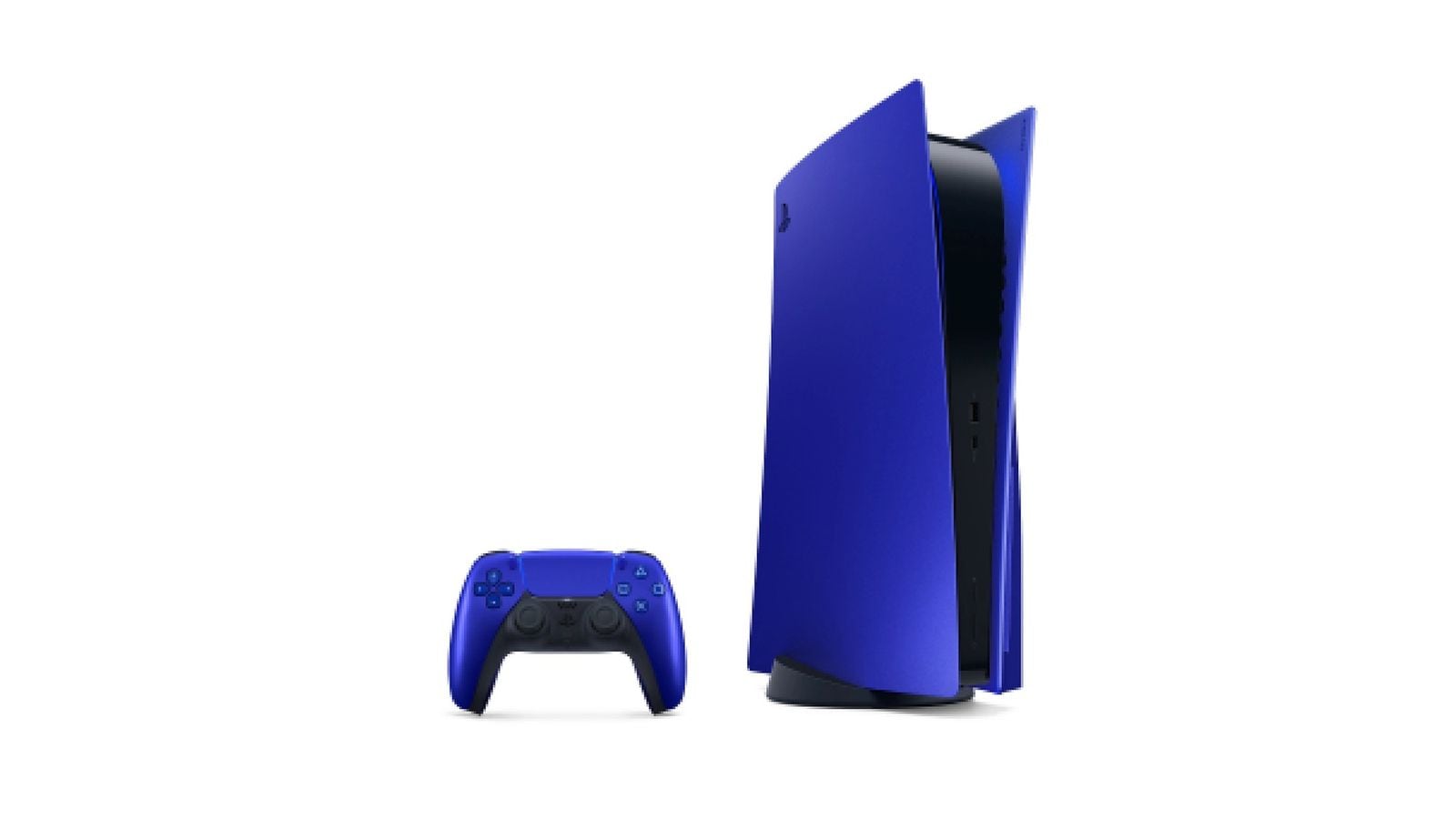 PS5 konzola s modrými bočnými krytmi a modrým DualSense ovládačom