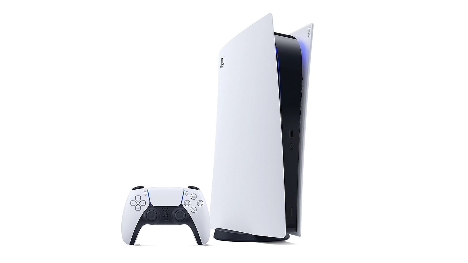 PS5 konzola postavená s bielym ovládačom DualSense vedľa nej
