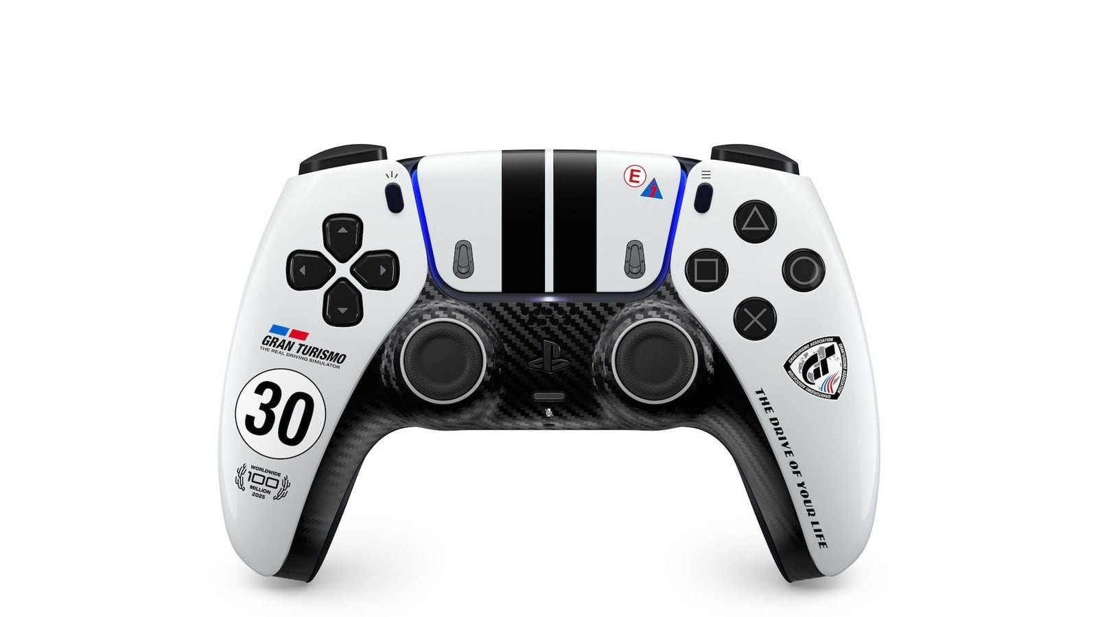 DualSense ovládač, biely, dizajn v štýle Gran Turismo s čiernym pruhom
