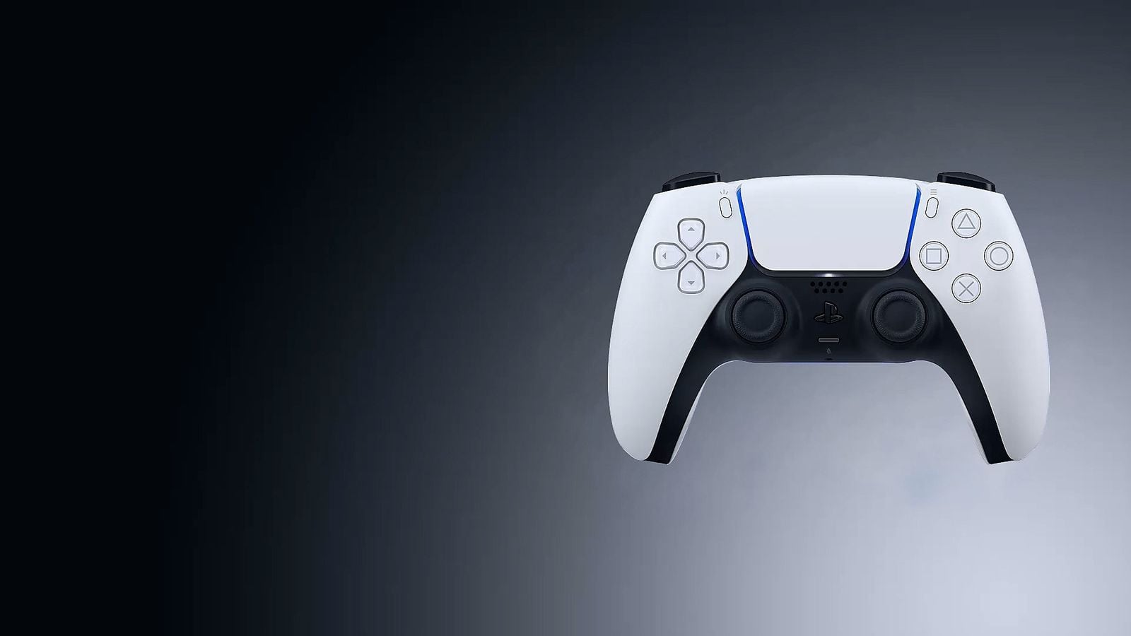 Ovládač DualSense pre PS5, biely, plávajúci pohľad spredu na tmavom prechodovom pozadí