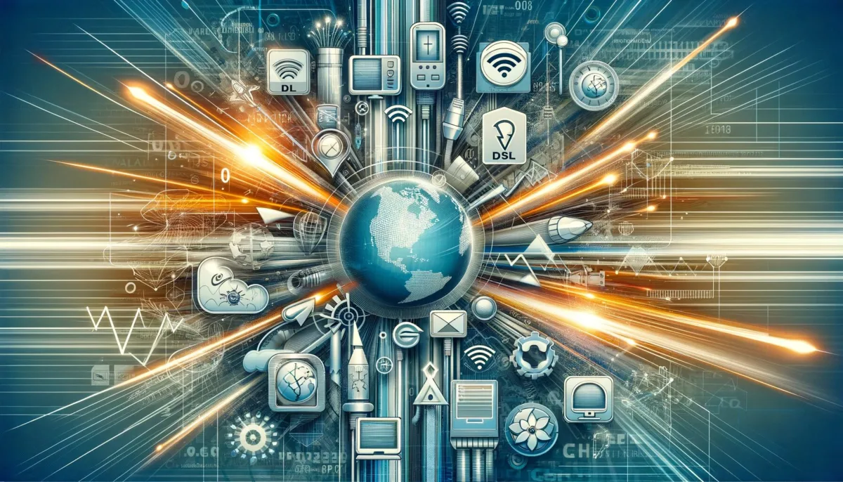 Ilustrácia rôznych typov internetového pripojenia od DSL po Wi-Fi okolo zemegule